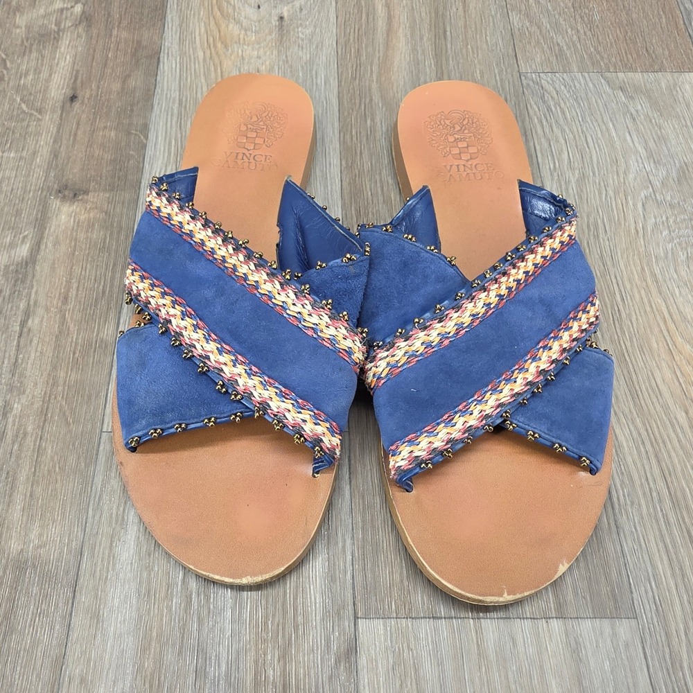 Vince Camuto Averal Blue Suede Leather 7.5 Beaded Criss Cross Slide Sandals